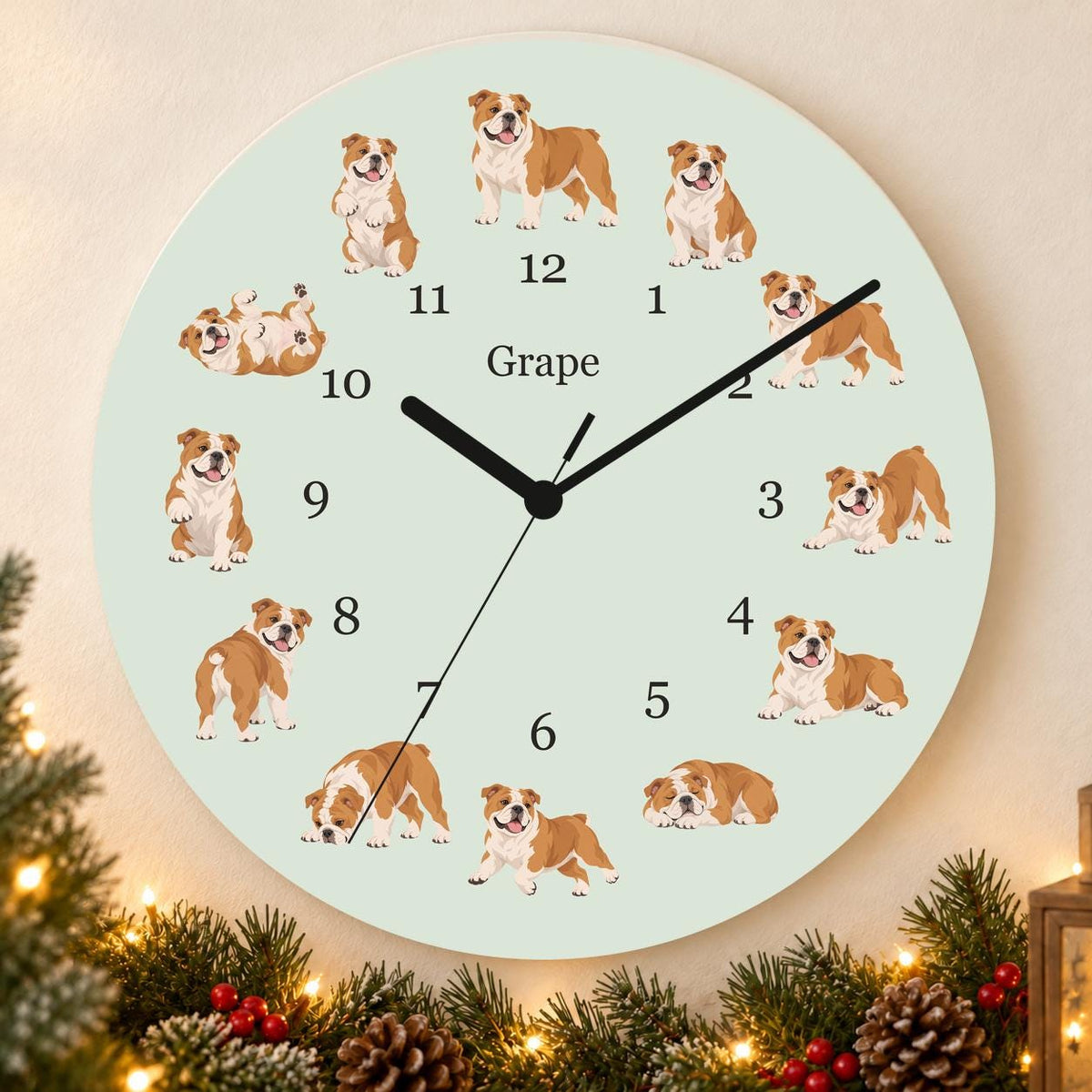 Personalized Bulldog wooden wall clock with example name Grape; holiday