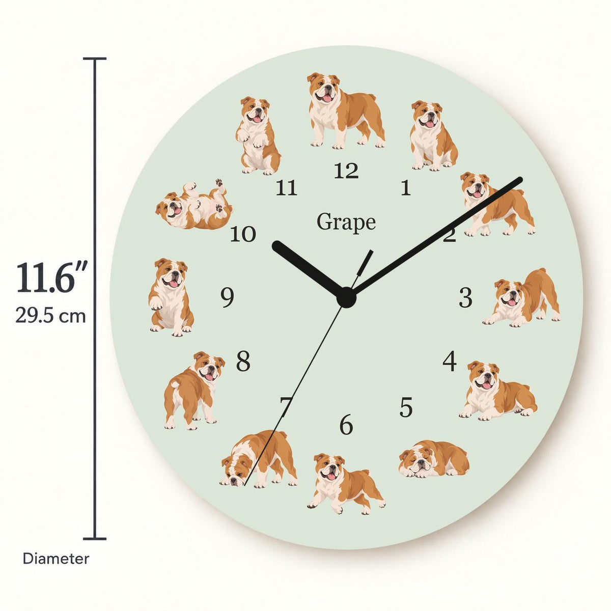 Personalized Bulldog wooden wall clock with example name Grape; size