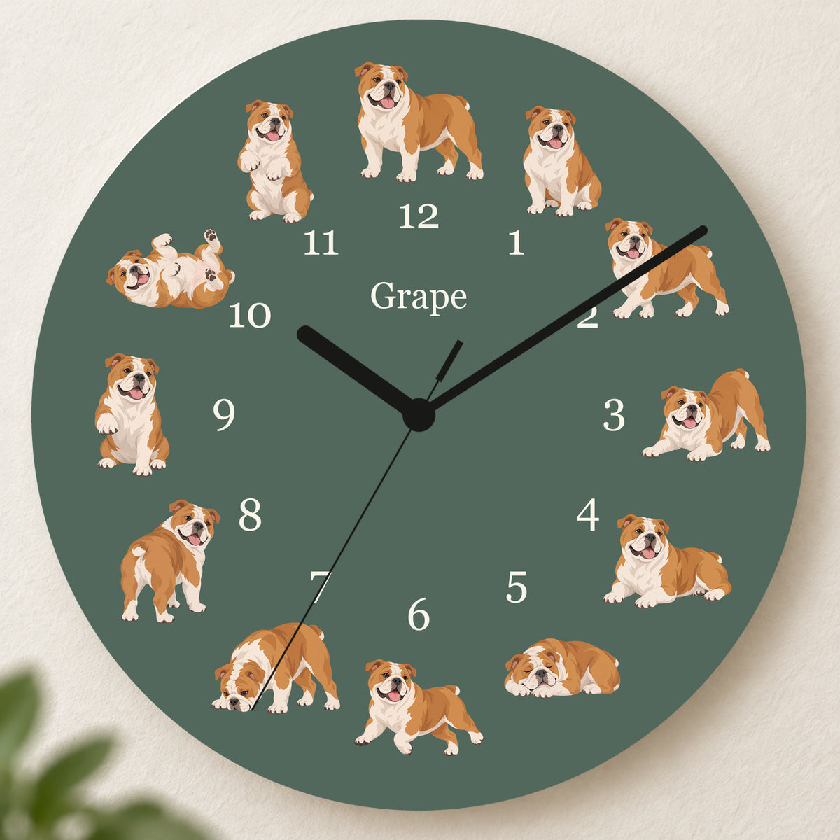 Personalized Bulldog Wall Clock, Custom Pet Name, 11.6 Inch Wooden Clock — Deep Sage background
