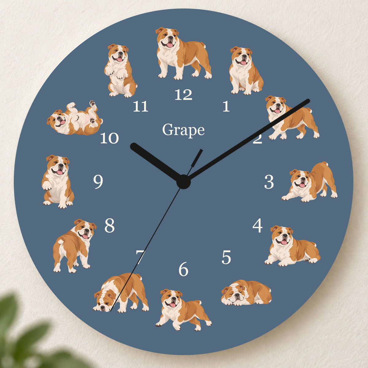 Personalized Bulldog Wall Clock, Custom Pet Name, 11.6 Inch Wooden Clock — Muted Denim background