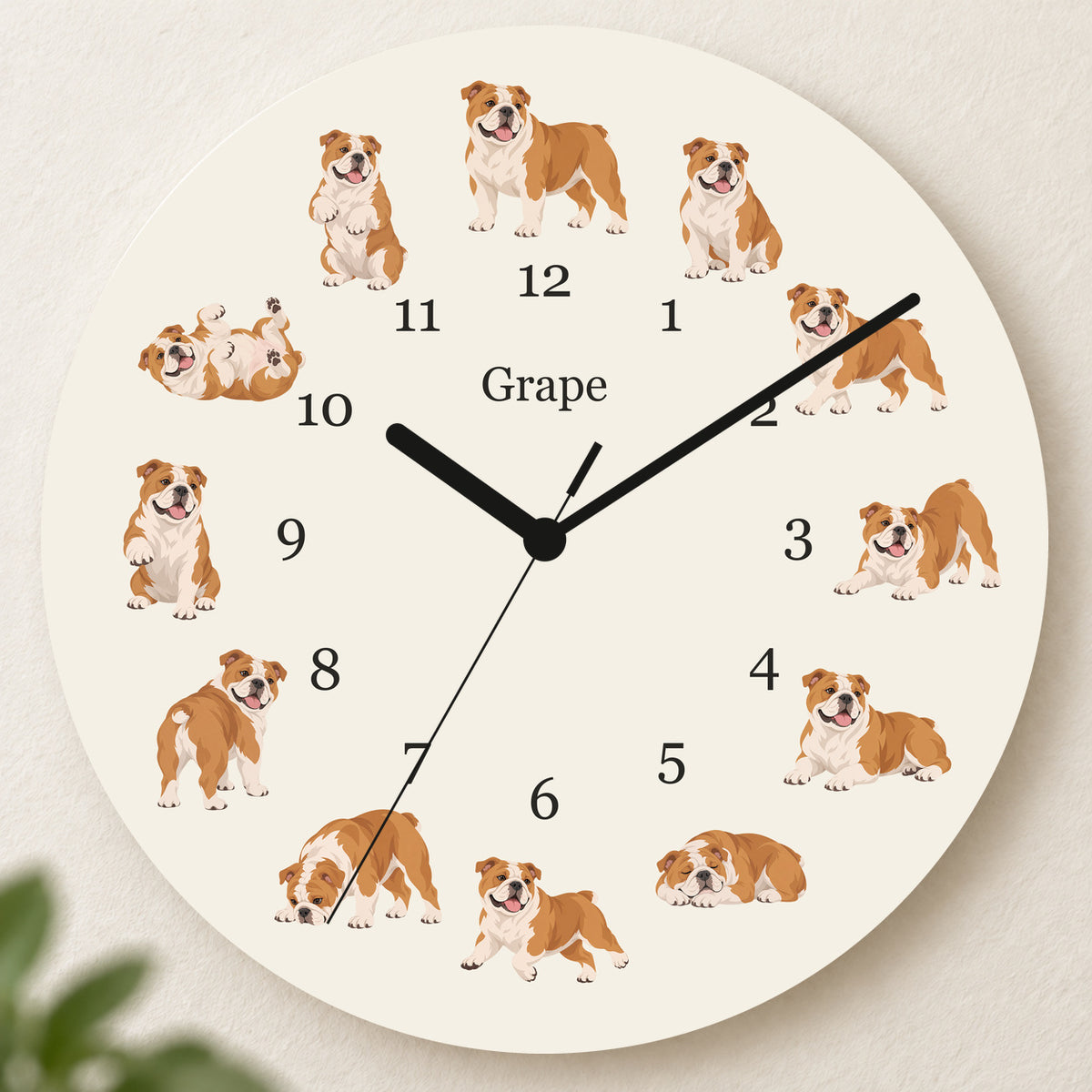 Personalized Bulldog Wall Clock, Custom Pet Name, 11.6 Inch Wooden Clock — Warm Ivory background