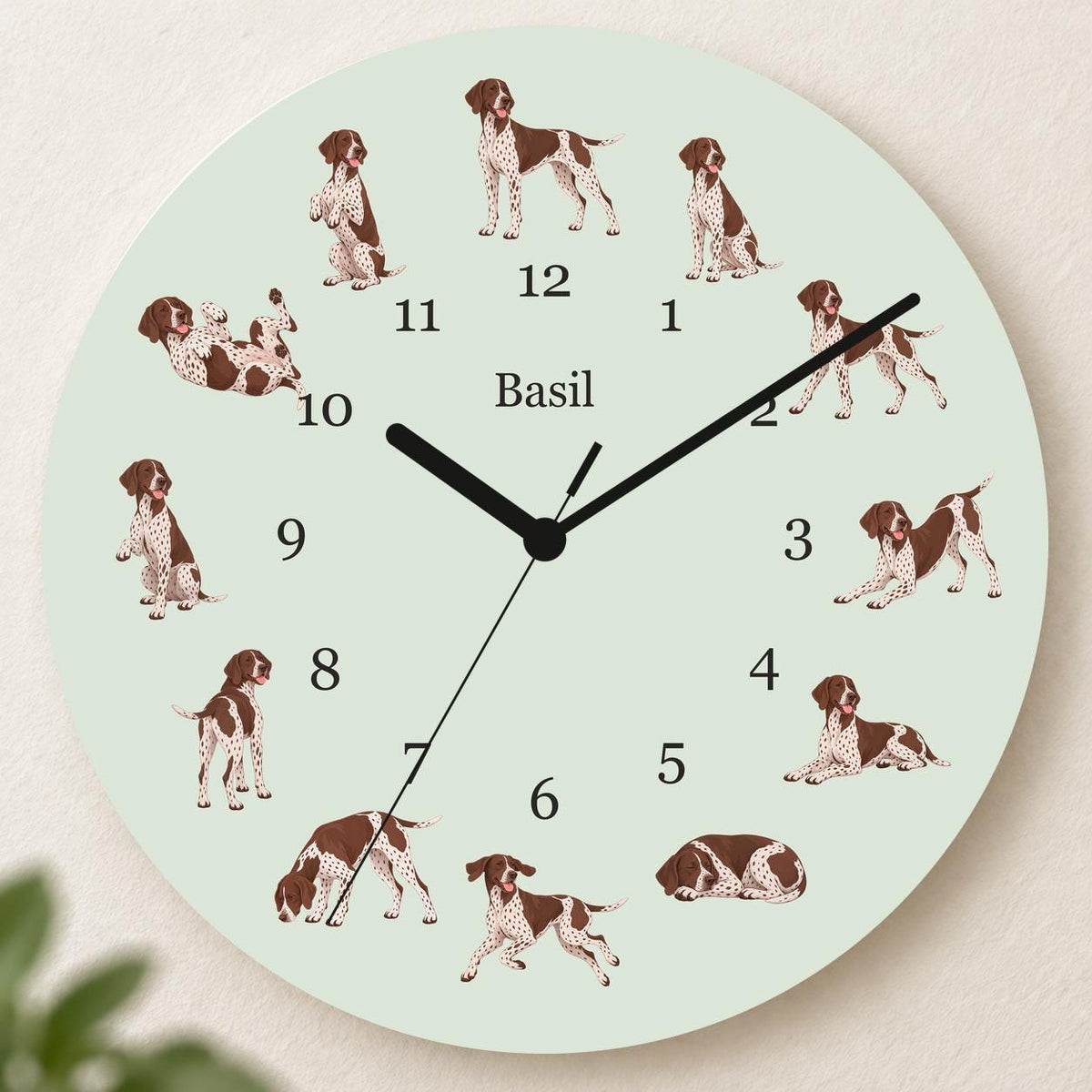 Personalized German Shorthaired Pointer wooden wall clock with example name Basil; hero