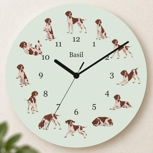 Personalized German Shorthaired Pointer wooden wall clock with example name Basil; hero