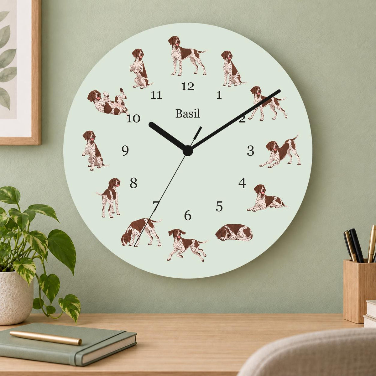 Personalized German Shorthaired Pointer wooden wall clock with example name Basil; home office