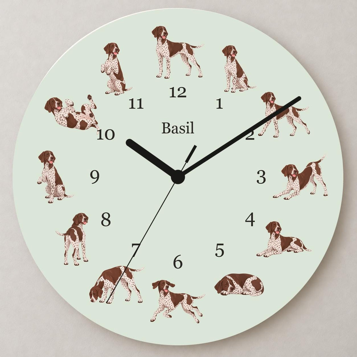 Personalized German Shorthaired Pointer wooden wall clock with example name Basil; close up