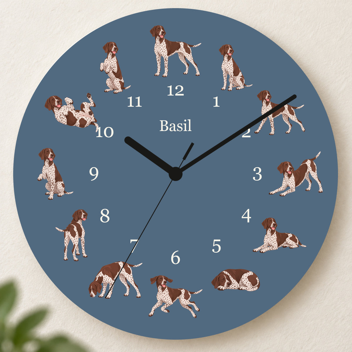 Personalized German Shorthaired Pointer Wall Clock, Custom Pet Name, 11.6 Inch Wooden Clock — Muted Denim background