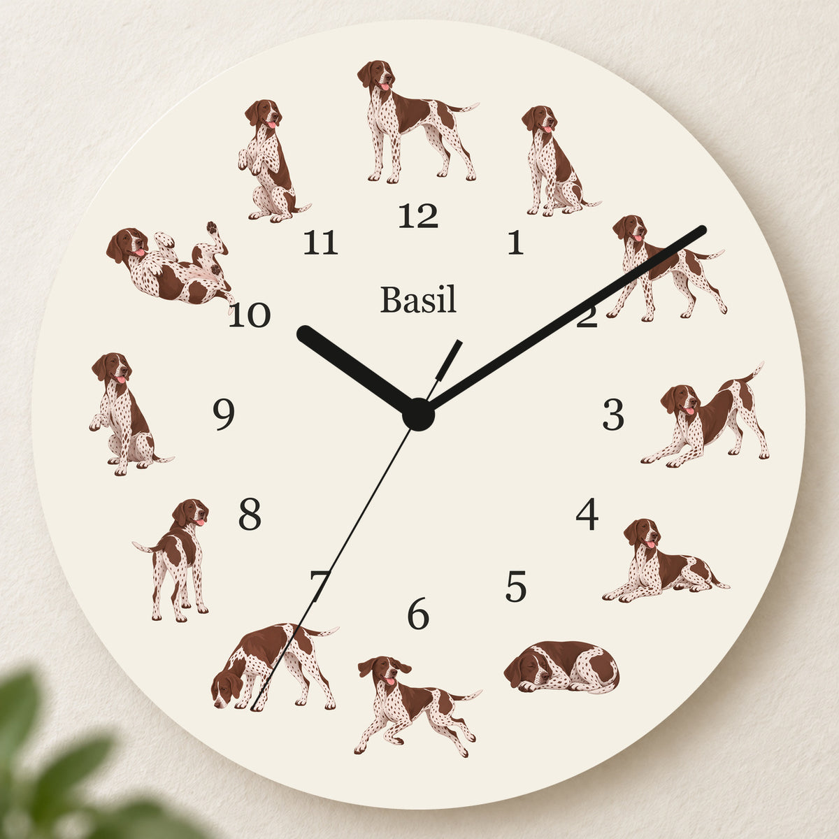 Personalized German Shorthaired Pointer Wall Clock, Custom Pet Name, 11.6 Inch Wooden Clock — Warm Ivory background