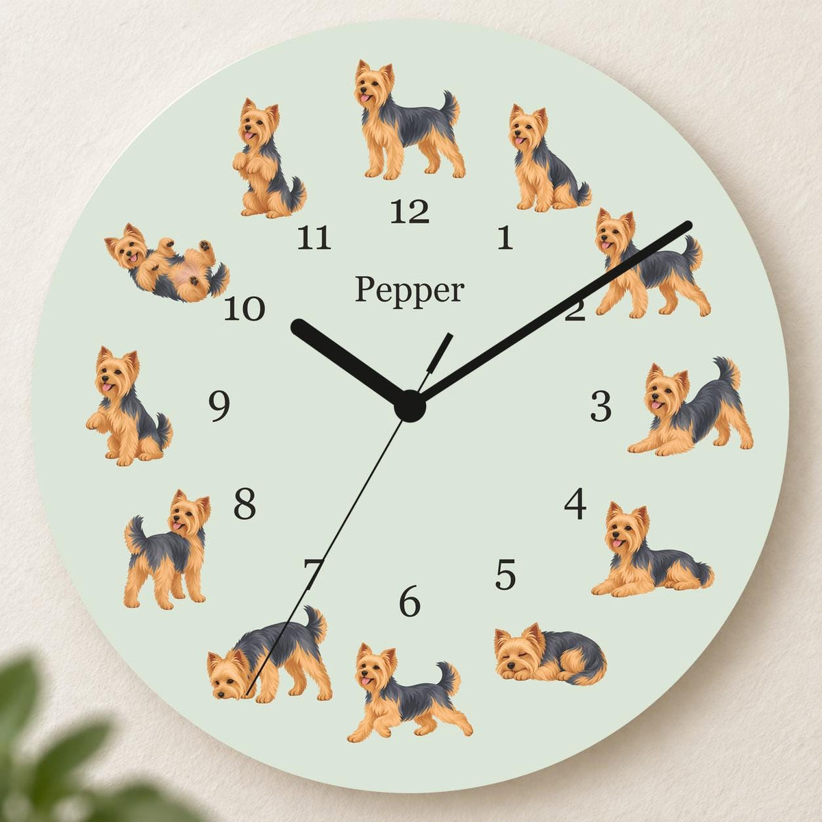 Personalized Yorkshire Terrier wooden wall clock with example name Pepper; hero