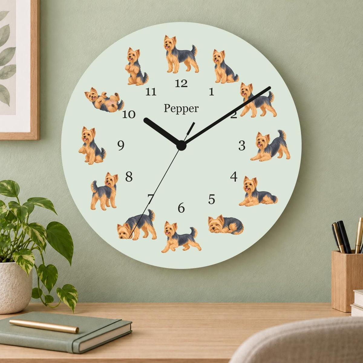 Personalized Yorkshire Terrier wooden wall clock with example name Pepper; home office
