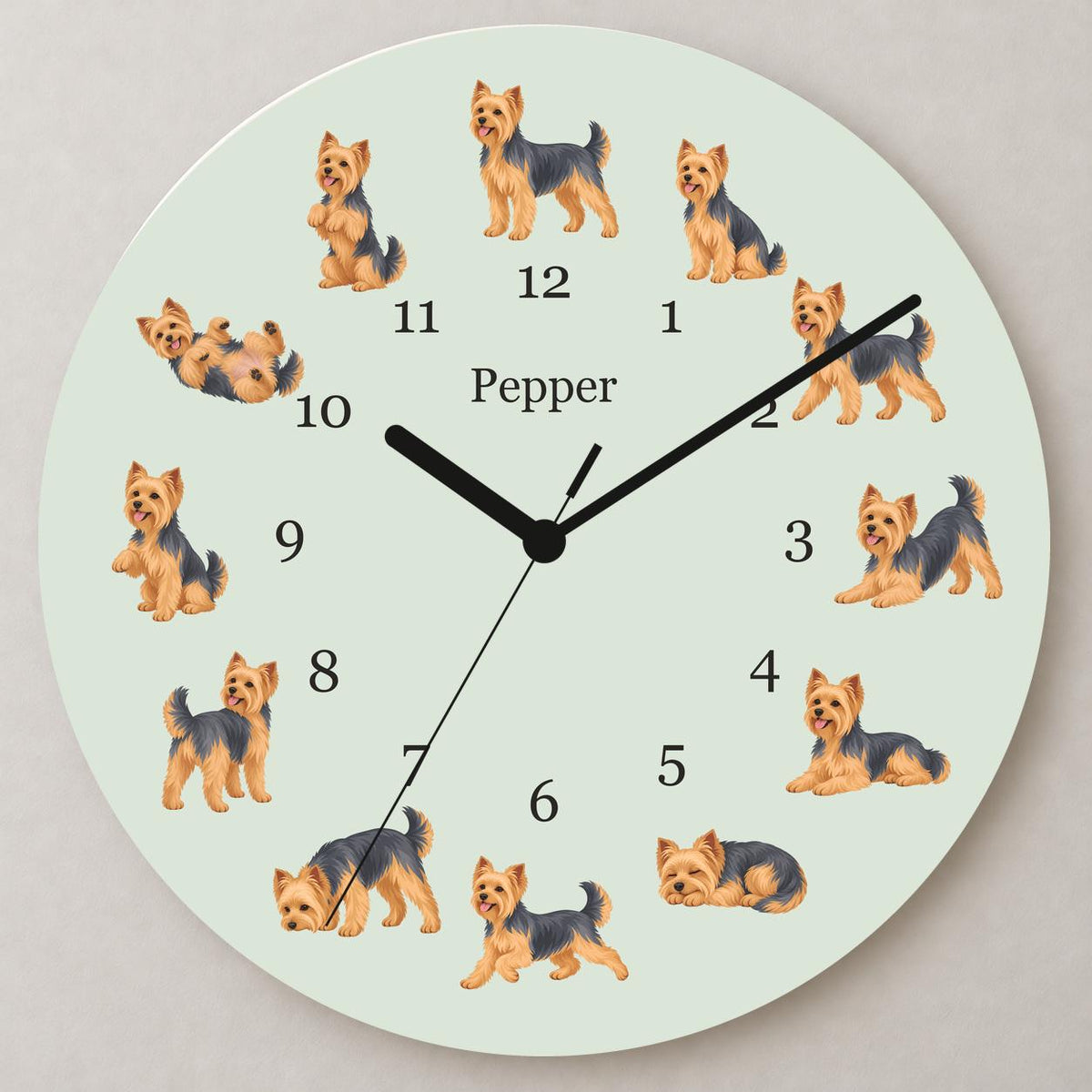 Personalized Yorkshire Terrier wooden wall clock with example name Pepper; close up