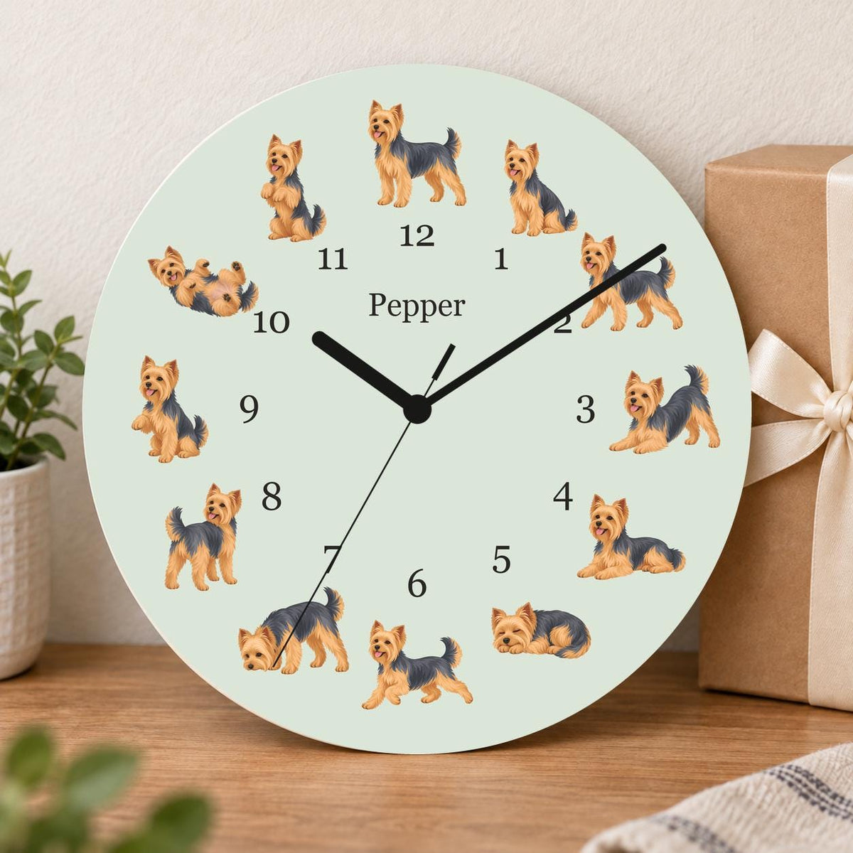 Personalized Yorkshire Terrier wooden wall clock with example name Pepper; gift