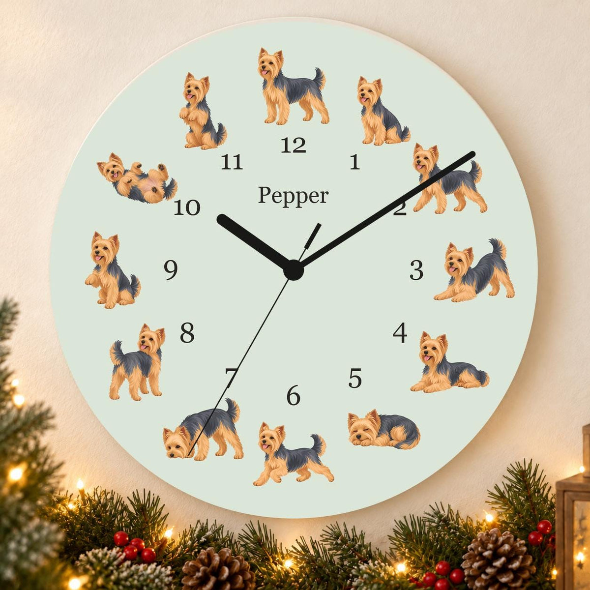 Personalized Yorkshire Terrier wooden wall clock with example name Pepper; holiday