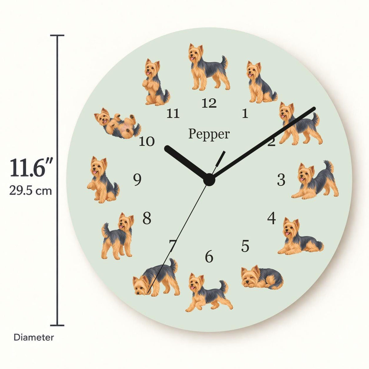 Personalized Yorkshire Terrier wooden wall clock with example name Pepper; size