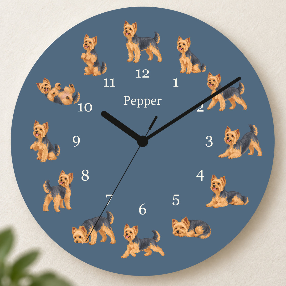 Personalized Yorkshire Terrier Wall Clock, Custom Pet Name, 11.6 Inch Wooden Clock — Muted Denim background