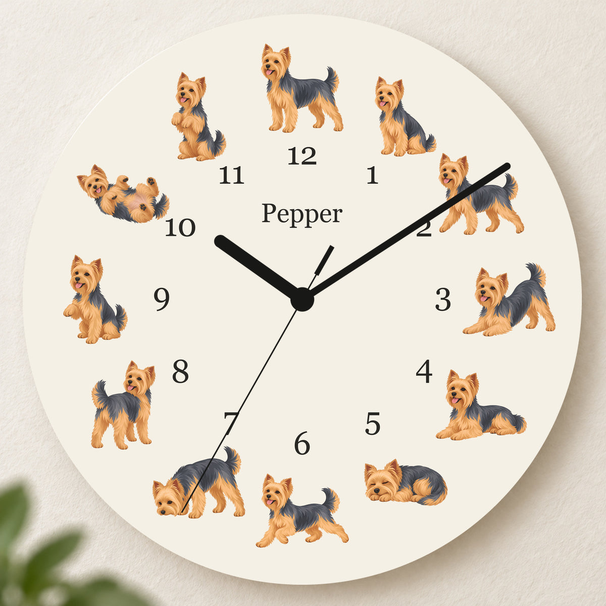 Personalized Yorkshire Terrier Wall Clock, Custom Pet Name, 11.6 Inch Wooden Clock — Warm Ivory background