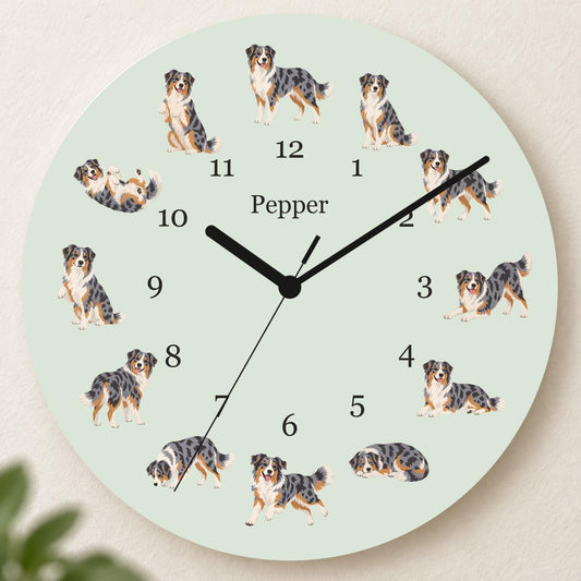 Personalized Australian Shepherd wooden wall clock with example name Pepper; hero