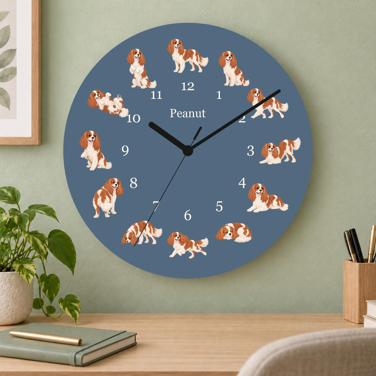 Personalized Cavalier King Charles Spaniel wooden wall clock with example name Peanut; home office