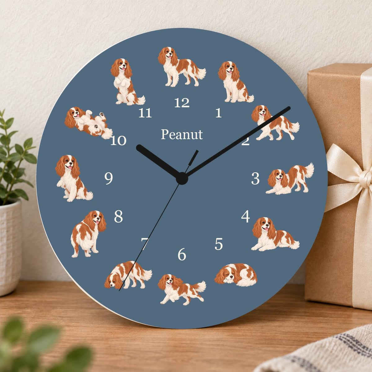 Personalized Cavalier King Charles Spaniel wooden wall clock with example name Peanut; gift