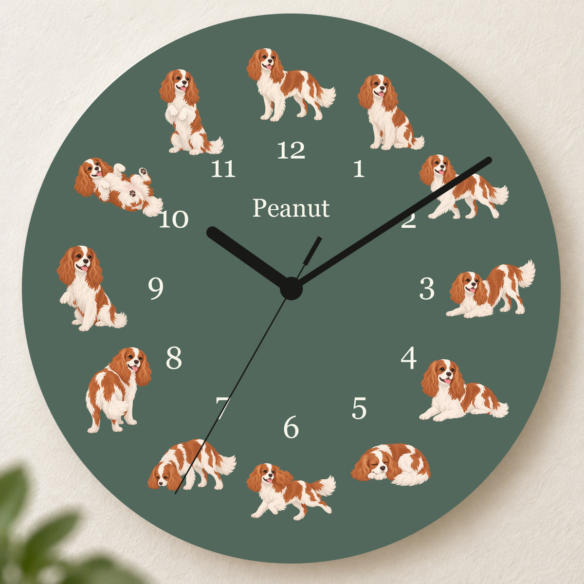 Personalized Cavalier King Charles Spaniel Wall Clock, Custom Pet Name, 11.6 Inch Wooden Clock — Deep Sage background