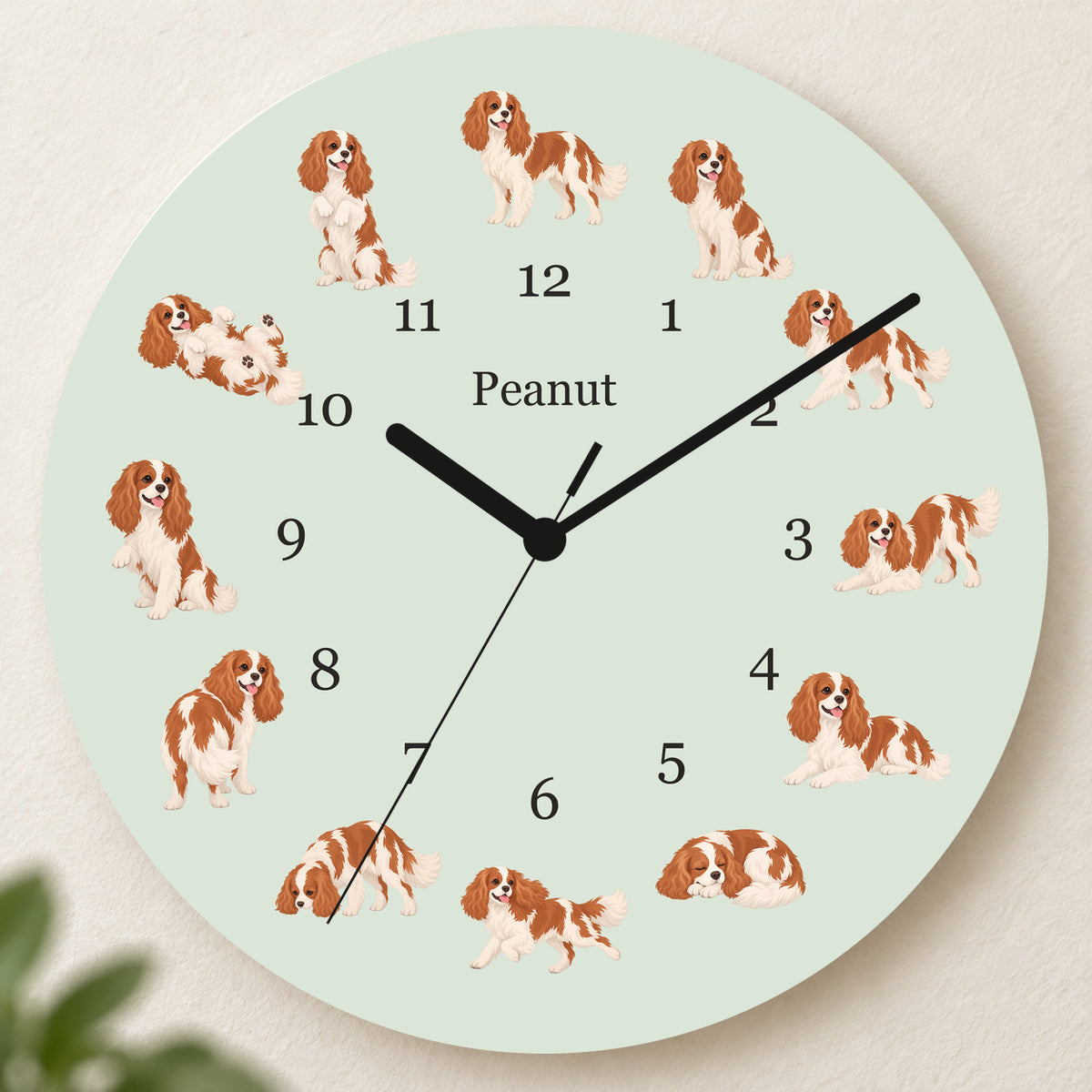 Personalized Cavalier King Charles Spaniel Wall Clock, Custom Pet Name, 11.6 Inch Wooden Clock — Pale Sage background