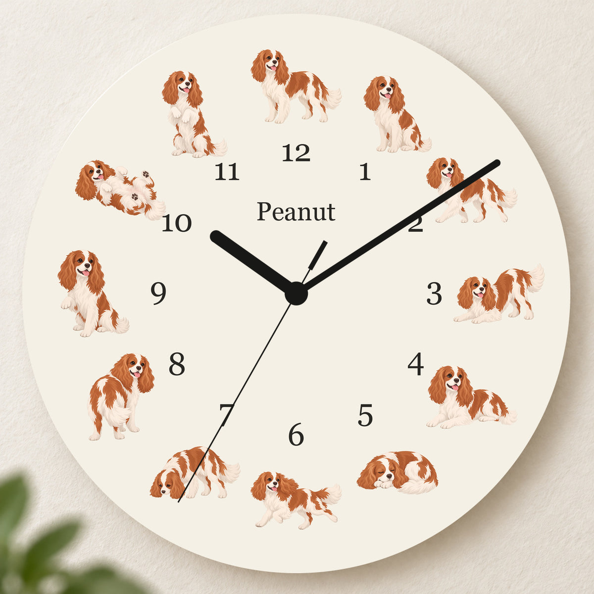 Personalized Cavalier King Charles Spaniel Wall Clock, Custom Pet Name, 11.6 Inch Wooden Clock — Warm Ivory background