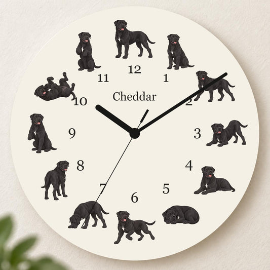 Personalized Cane Corso wooden wall clock with example name Cheddar; hero