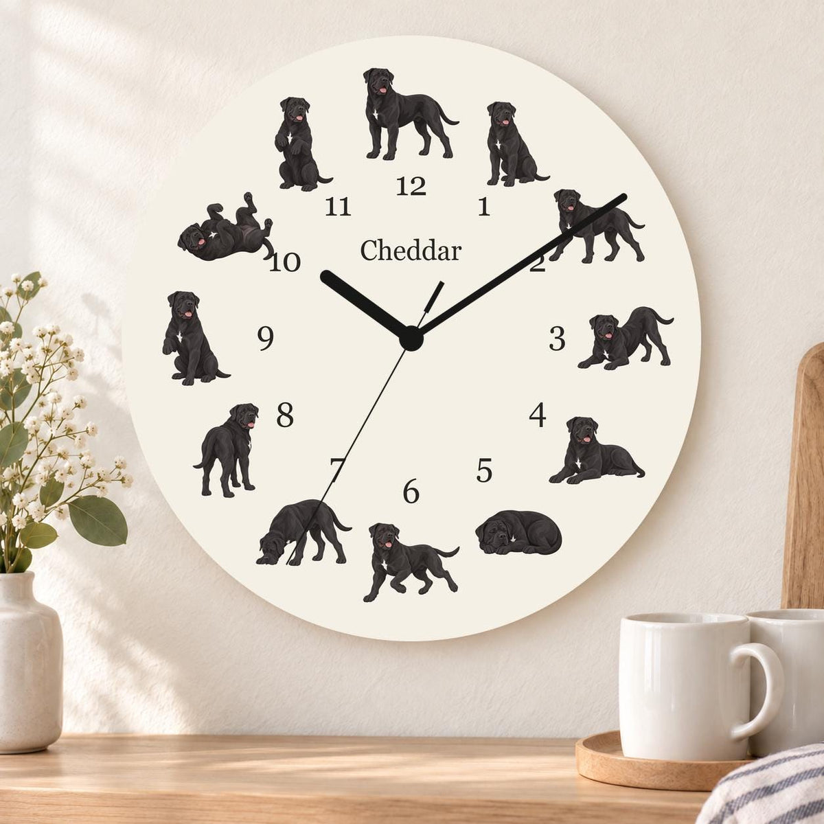 Personalized Cane Corso wooden wall clock with example name Cheddar; kitchen
