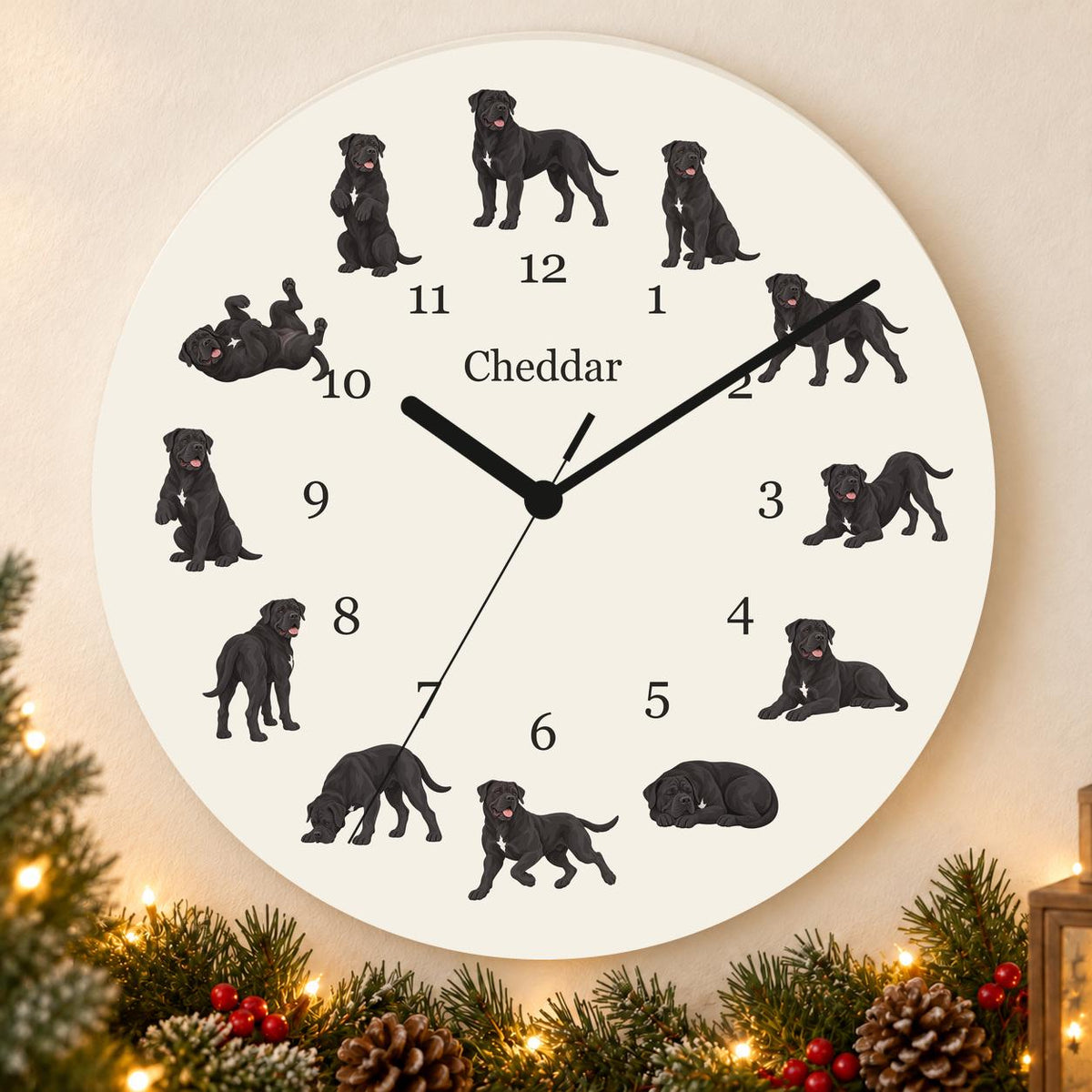 Personalized Cane Corso wooden wall clock with example name Cheddar; holiday