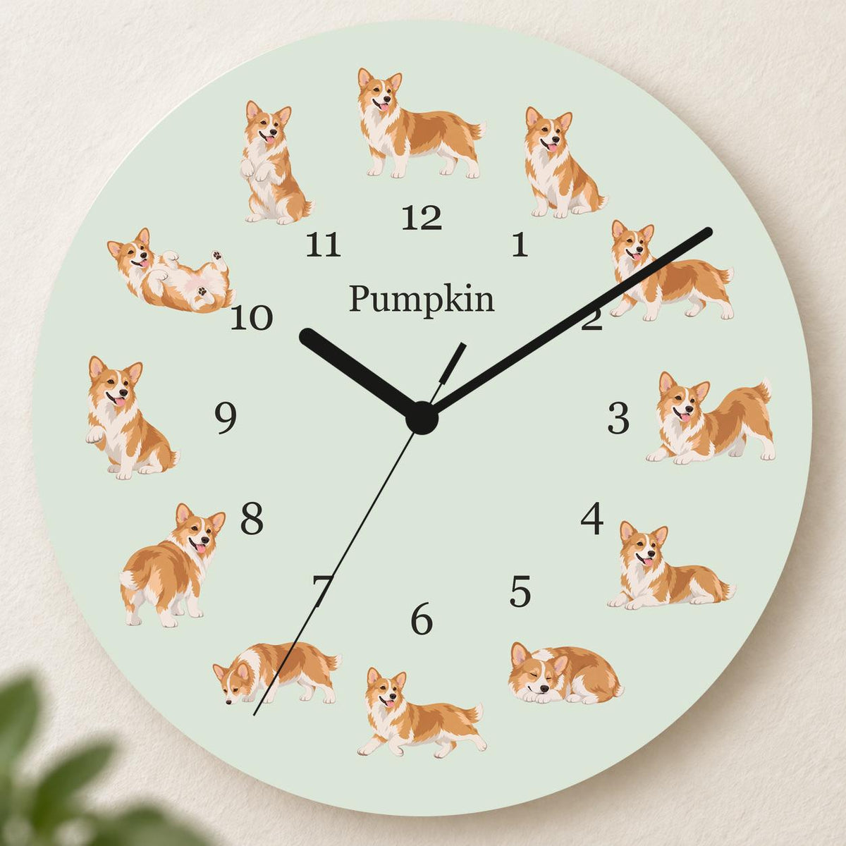 Personalized Pembroke Welsh Corgi wooden wall clock with example name Pumpkin; hero