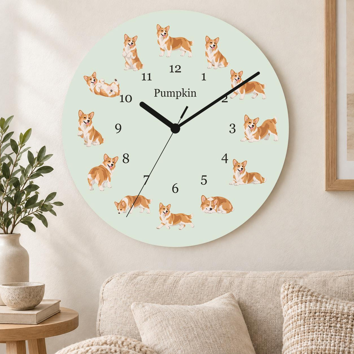 Personalized Pembroke Welsh Corgi wooden wall clock with example name Pumpkin; living room