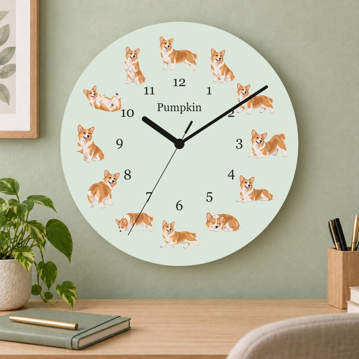 Personalized Pembroke Welsh Corgi wooden wall clock with example name Pumpkin; home office