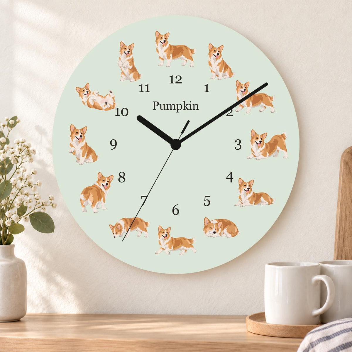 Personalized Pembroke Welsh Corgi wooden wall clock with example name Pumpkin; kitchen