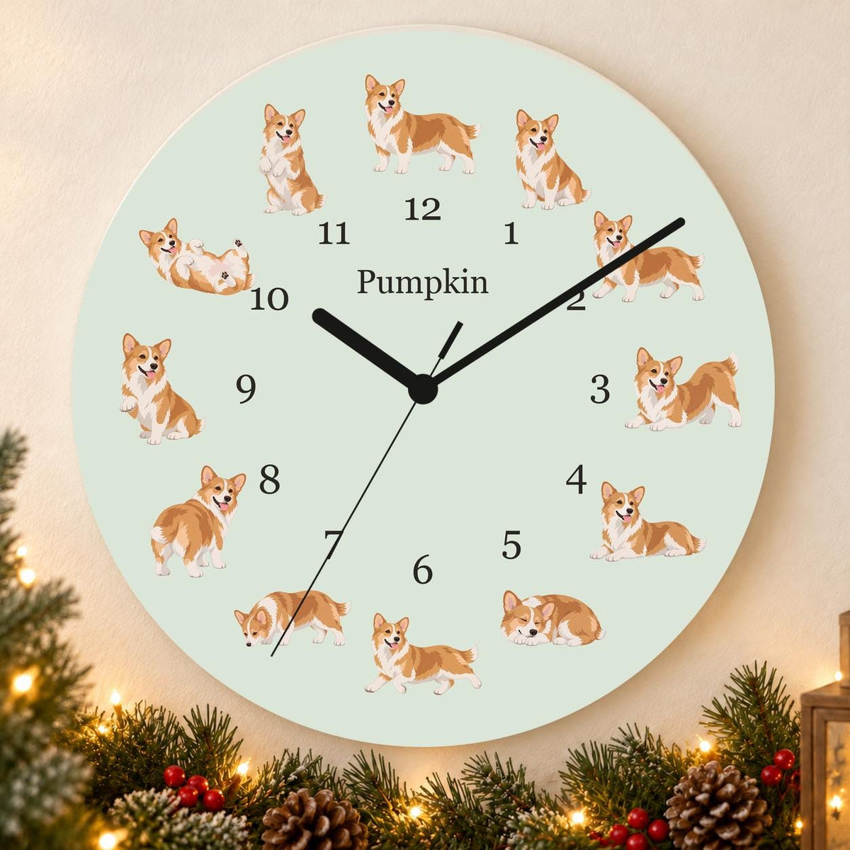 Personalized Pembroke Welsh Corgi wooden wall clock with example name Pumpkin; holiday