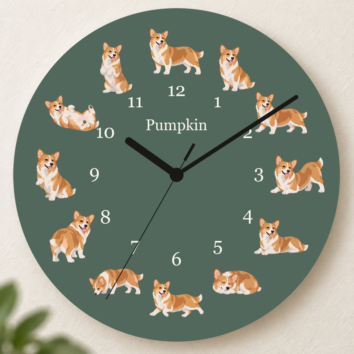 Personalized Pembroke Welsh Corgi Wall Clock, Custom Pet Name, 11.6 Inch Wooden Clock — Deep Sage background