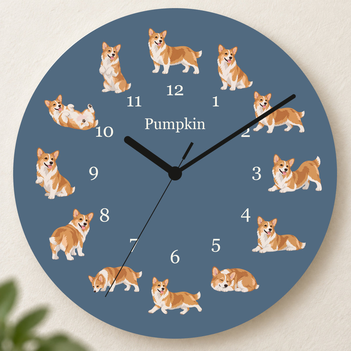Personalized Pembroke Welsh Corgi Wall Clock, Custom Pet Name, 11.6 Inch Wooden Clock — Muted Denim background