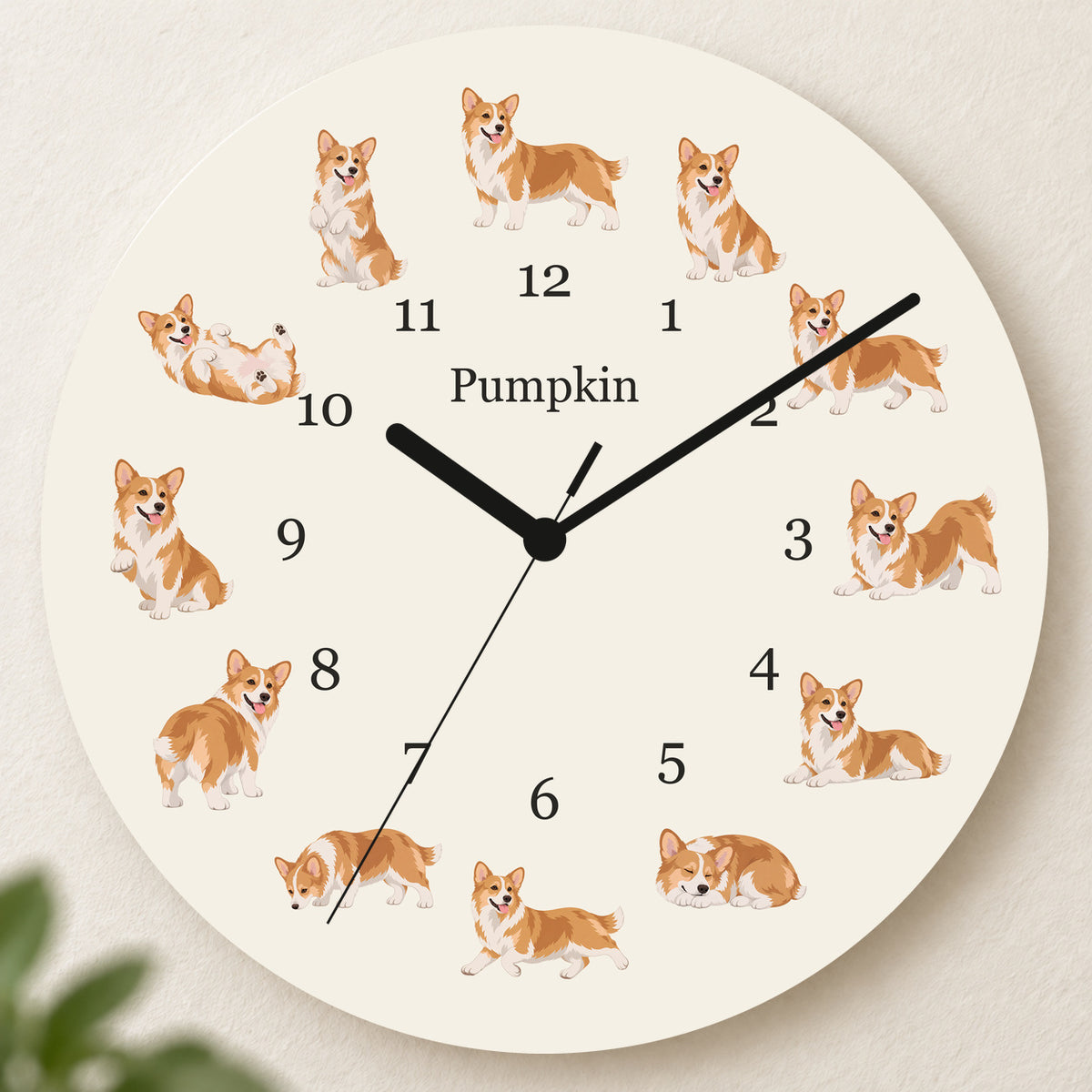 Personalized Pembroke Welsh Corgi Wall Clock, Custom Pet Name, 11.6 Inch Wooden Clock — Warm Ivory background
