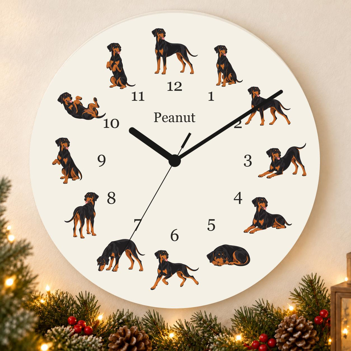 Personalized Doberman Pinscher wooden wall clock with example name Peanut; holiday