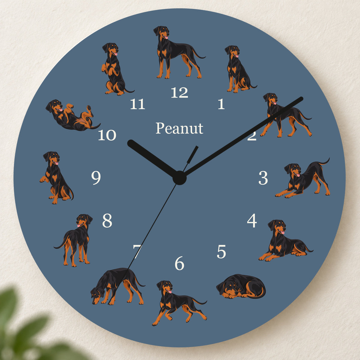 Personalized Doberman Pinscher Wall Clock, Custom Pet Name, 11.6 Inch Wooden Clock — Muted Denim background