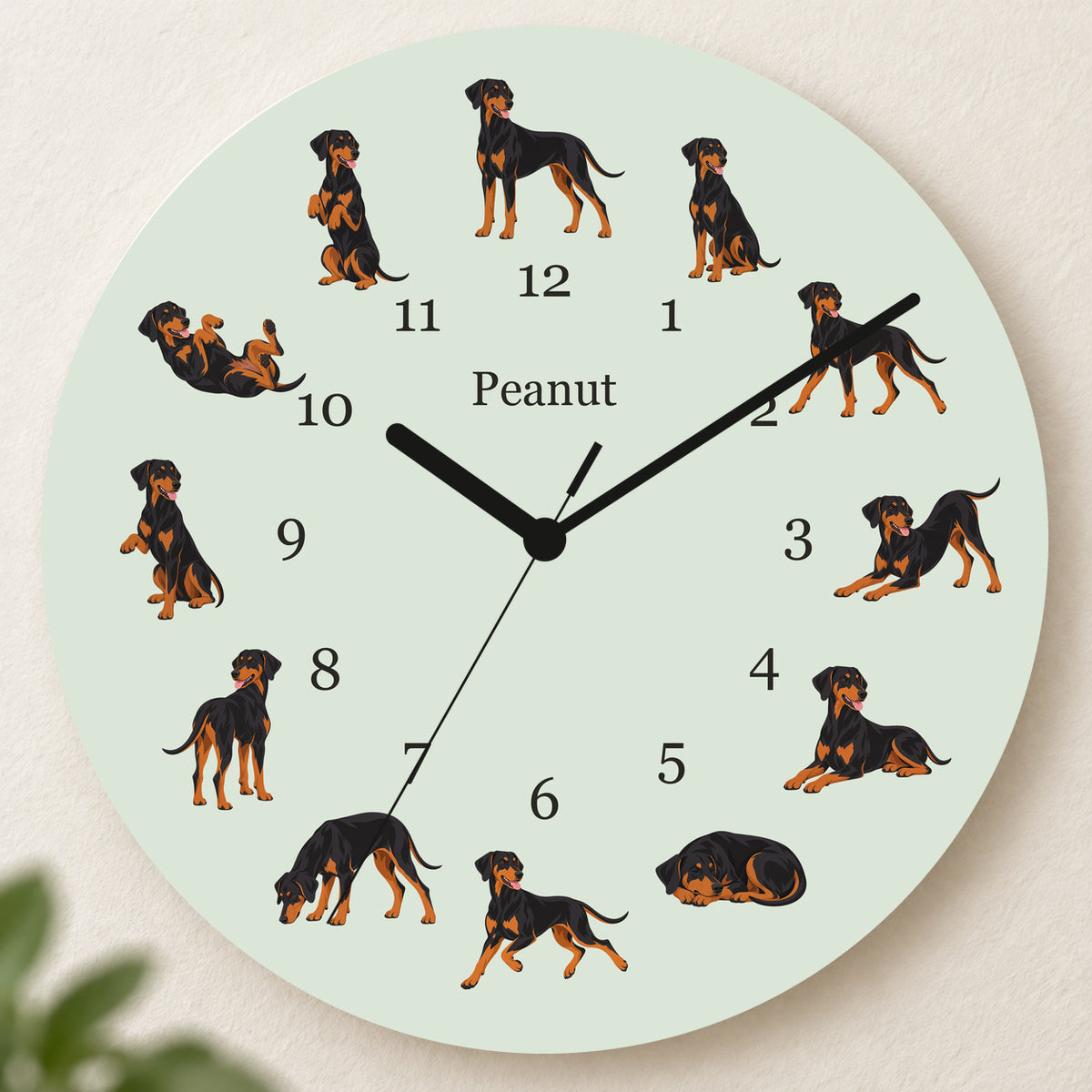 Personalized Doberman Pinscher Wall Clock, Custom Pet Name, 11.6 Inch Wooden Clock — Pale Sage background