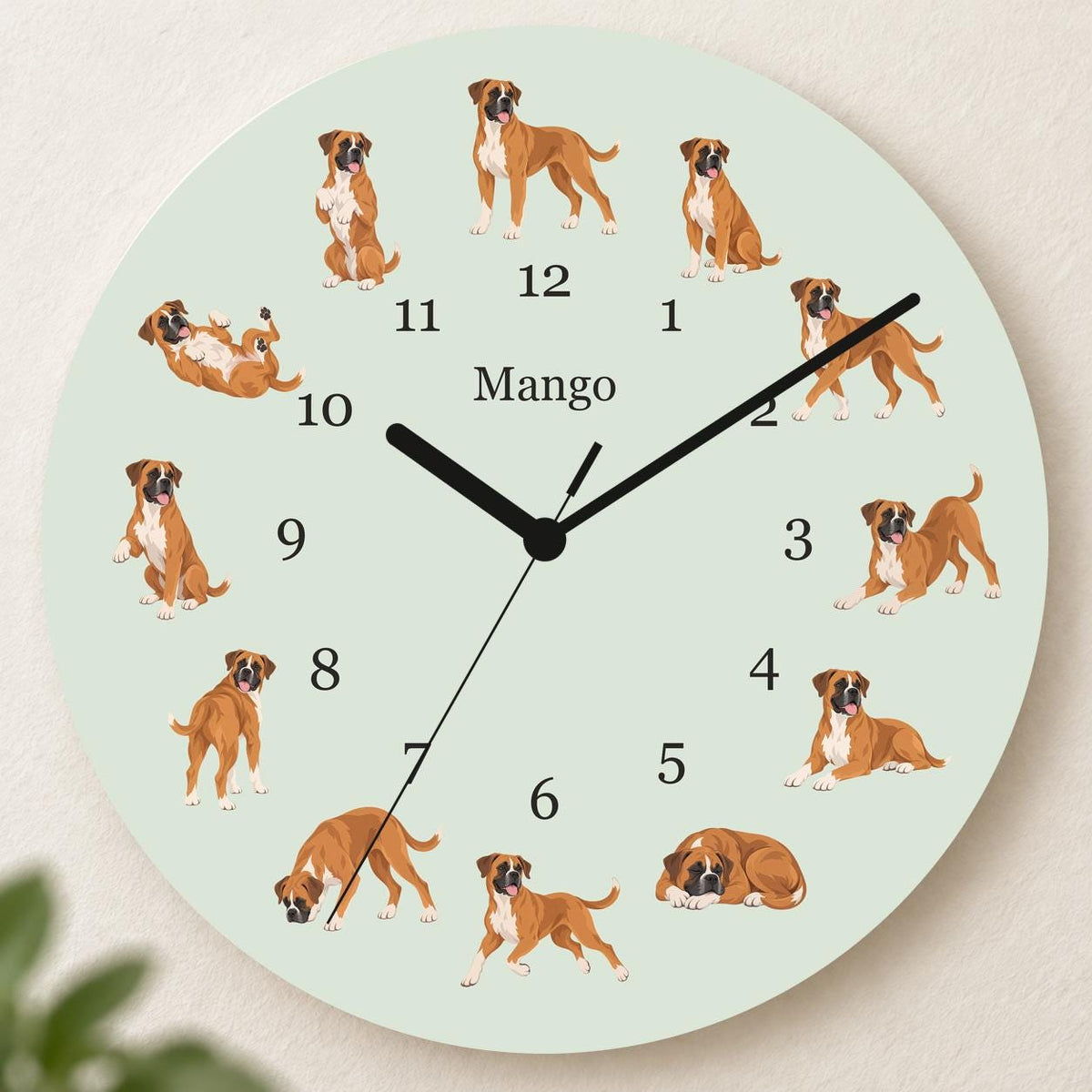 Personalized Boxer wooden wall clock with example name Mango; hero