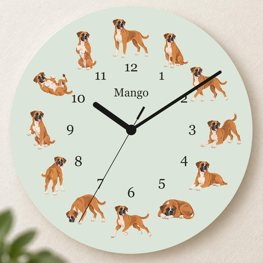 Personalized Boxer wooden wall clock with example name Mango; hero
