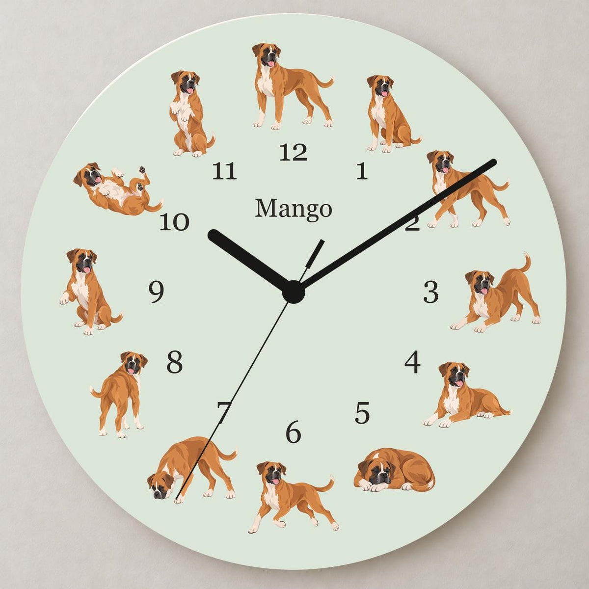Personalized Boxer wooden wall clock with example name Mango; close up