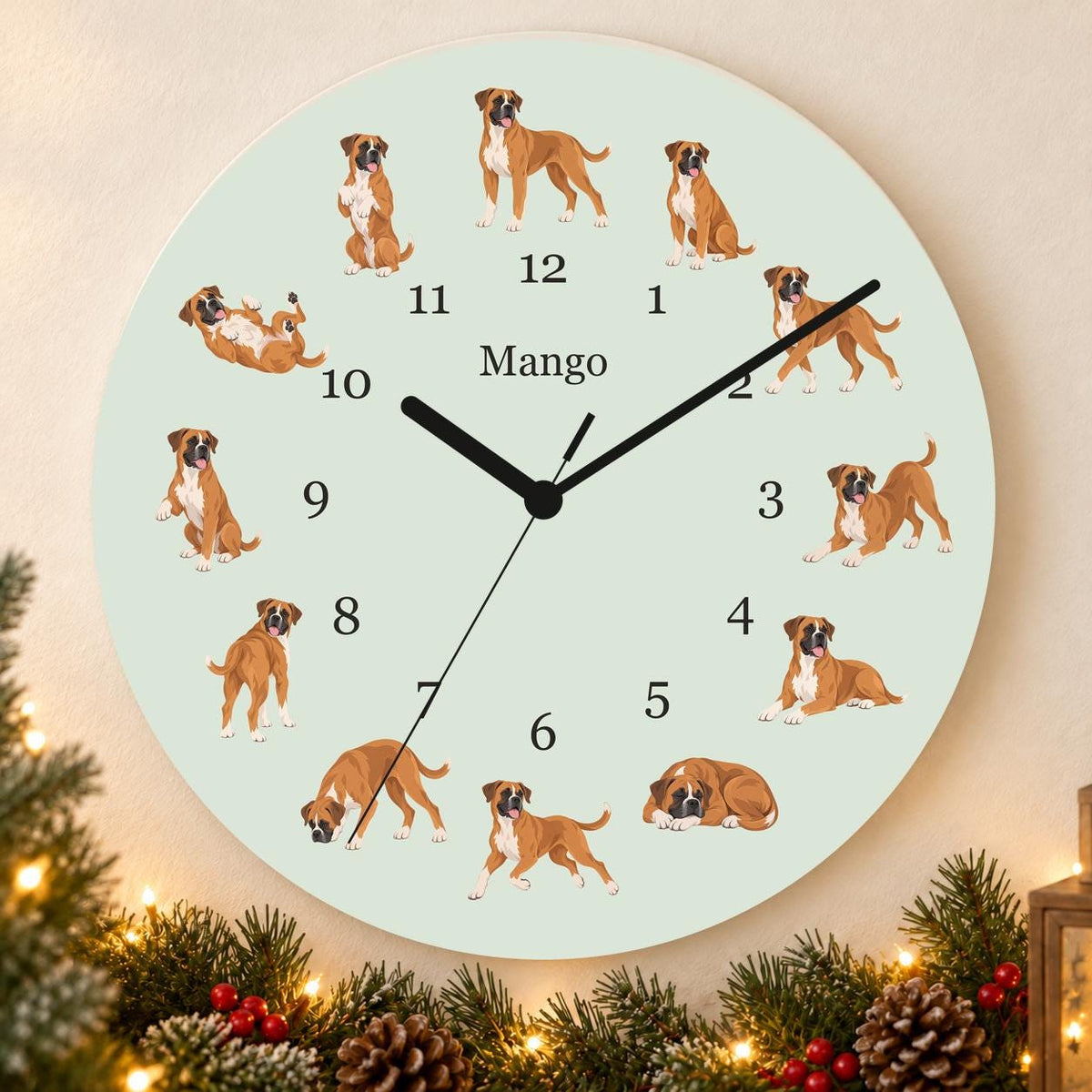 Personalized Boxer wooden wall clock with example name Mango; holiday