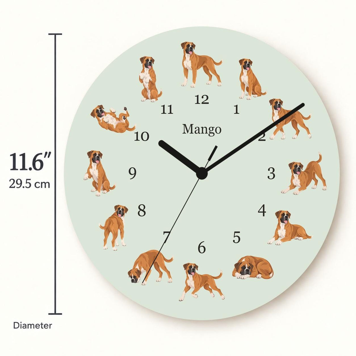 Personalized Boxer wooden wall clock with example name Mango; size
