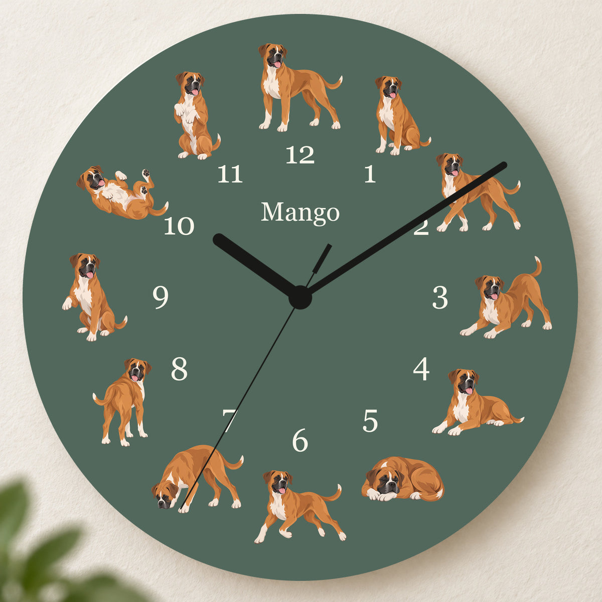 Personalized Boxer Wall Clock, Custom Pet Name, 11.6 Inch Wooden Clock — Deep Sage background
