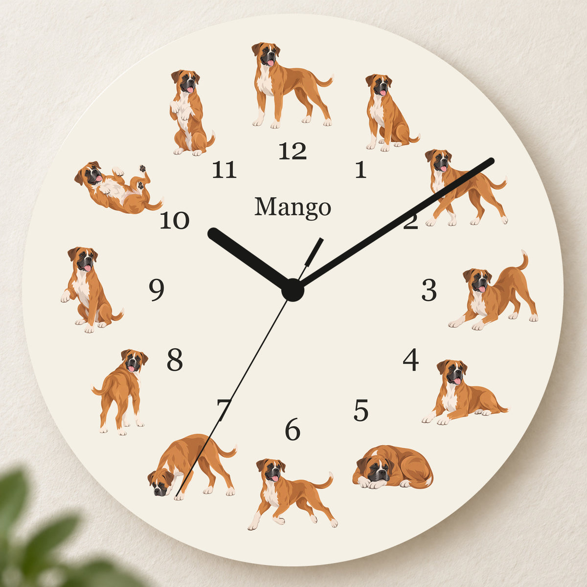 Personalized Boxer Wall Clock, Custom Pet Name, 11.6 Inch Wooden Clock — Warm Ivory background