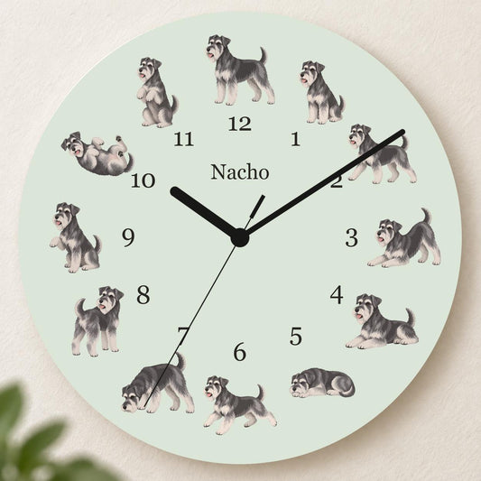 Personalized Miniature Schnauzer wooden wall clock with example name Nacho; hero