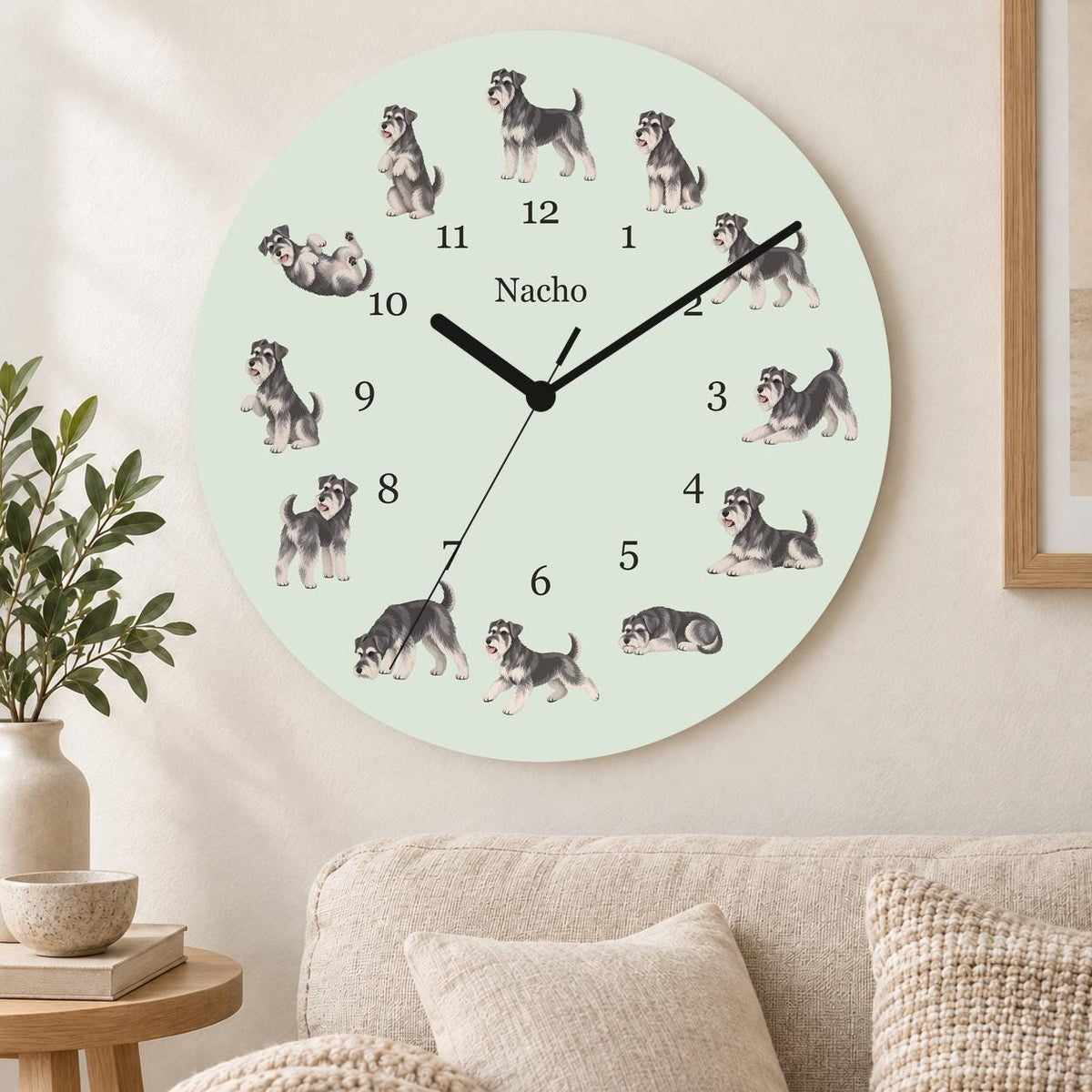 Personalized Miniature Schnauzer wooden wall clock with example name Nacho; living room