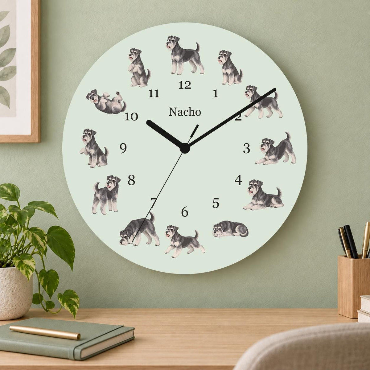 Personalized Miniature Schnauzer wooden wall clock with example name Nacho; home office