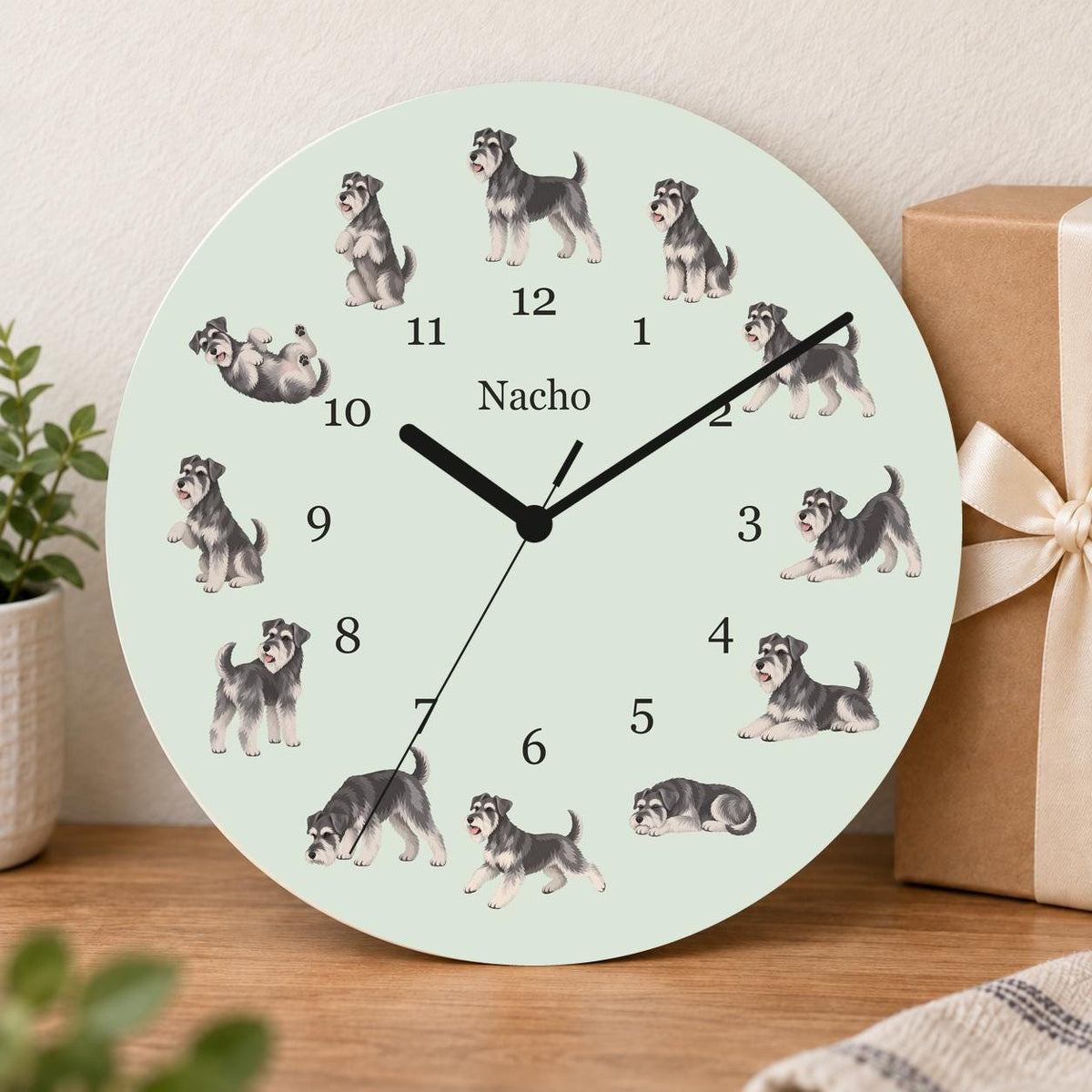 Personalized Miniature Schnauzer wooden wall clock with example name Nacho; gift